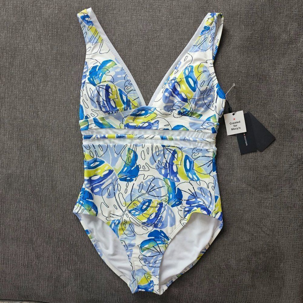 Tommy Hilfiger Sky Captain Multi Printed Monstera Leaf One-Piece Swimsuits sz 10
